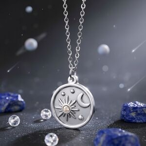 Celestial Sun & Moon Necklace 18K White Gold Plated Stainless Steel Medallion